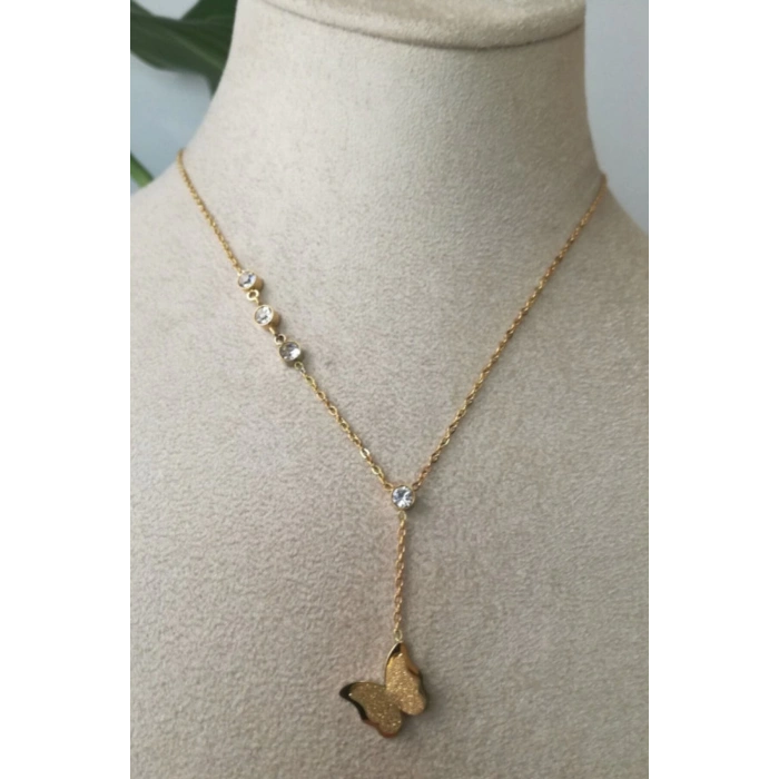 kelebek tasarim tasarim ince gold zincirli altin renkli kaliteli paslanmaz celik kolye stainless stell