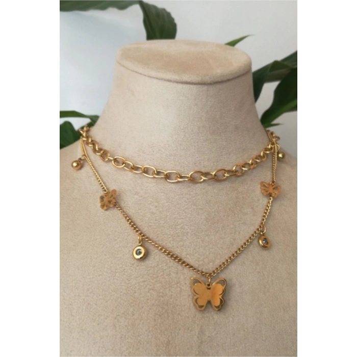 kelebekli tasarim ince gold cift zincirli altin renkli kaliteli paslanmaz celik kolye stainless stell