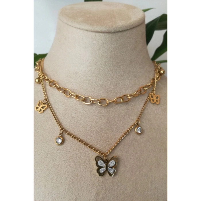 kelebekli tasarim ince gold cift zincirli altin renkli kaliteli paslanmaz celik kolye stainless stell