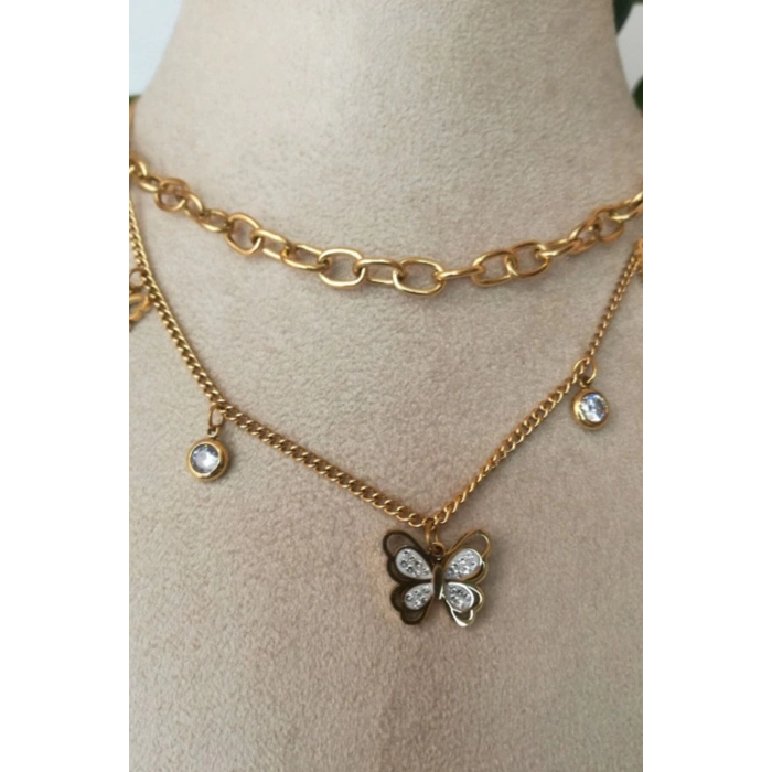 kelebekli tasarim ince gold cift zincirli altin renkli kaliteli paslanmaz celik kolye stainless stell