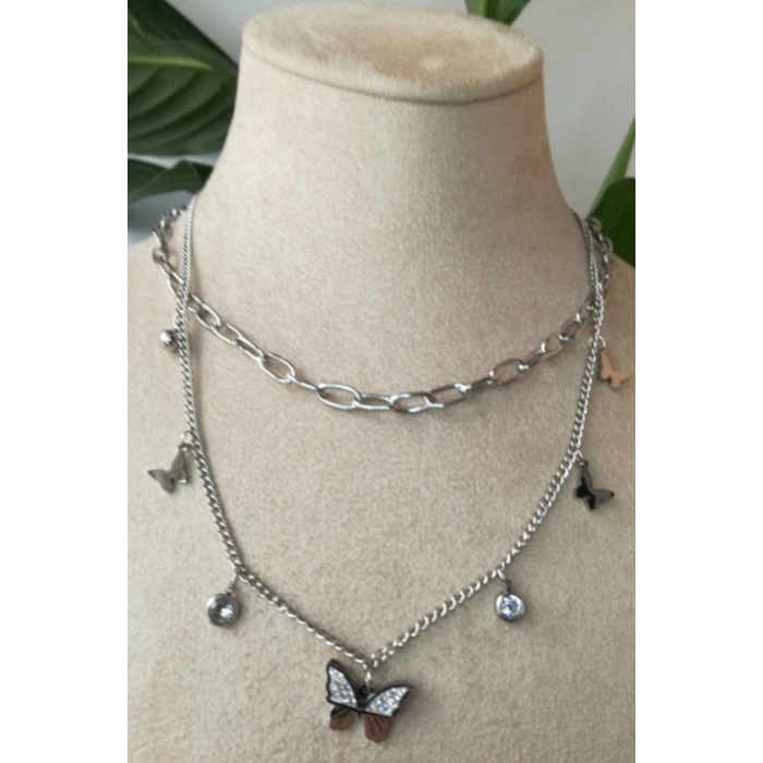 kelebekli tasarim ince silver cift zincirli gumus renkli kaliteli paslanmaz celik kolye stainless stell