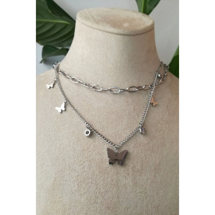 kelebekli tasarim ince silver cift zincirli gumus renkli kaliteli paslanmaz celik kolye stainless stell
