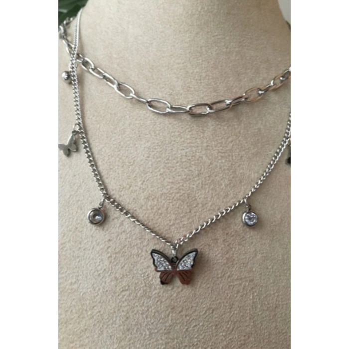 kelebekli tasarim ince silver cift zincirli gumus renkli kaliteli paslanmaz celik kolye stainless stell