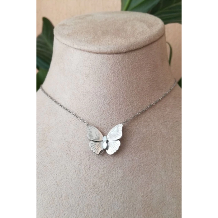 kelebekli tasarim ince silver zincirli gumus renkli kaliteli paslanmaz celik kolye stainless stell