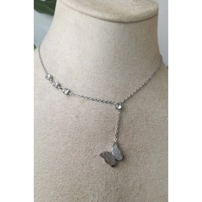 kelebekli tasarim ince silver zincirli gumus renkli zirkon tasli kaliteli paslanmaz celik kolye stainless stell