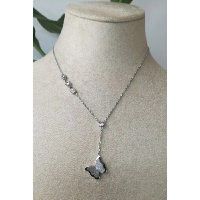 kelebekli tasarim ince silver zincirli gumus renkli zirkon tasli kaliteli paslanmaz celik kolye stainless stell