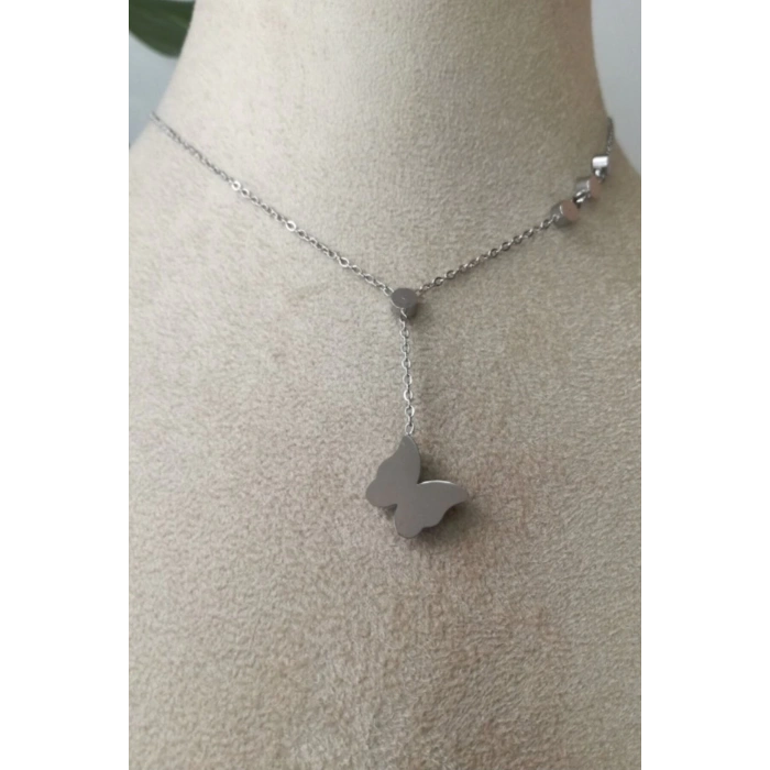kelebekli tasarim ince silver zincirli gumus renkli zirkon tasli kaliteli paslanmaz celik kolye stainless stell