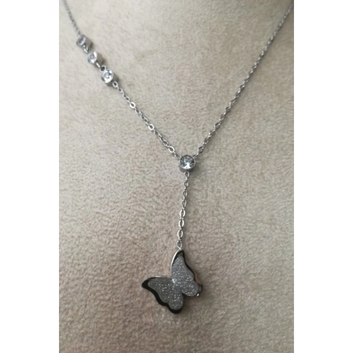 kelebekli tasarim ince silver zincirli gumus renkli zirkon tasli kaliteli paslanmaz celik kolye stainless stell