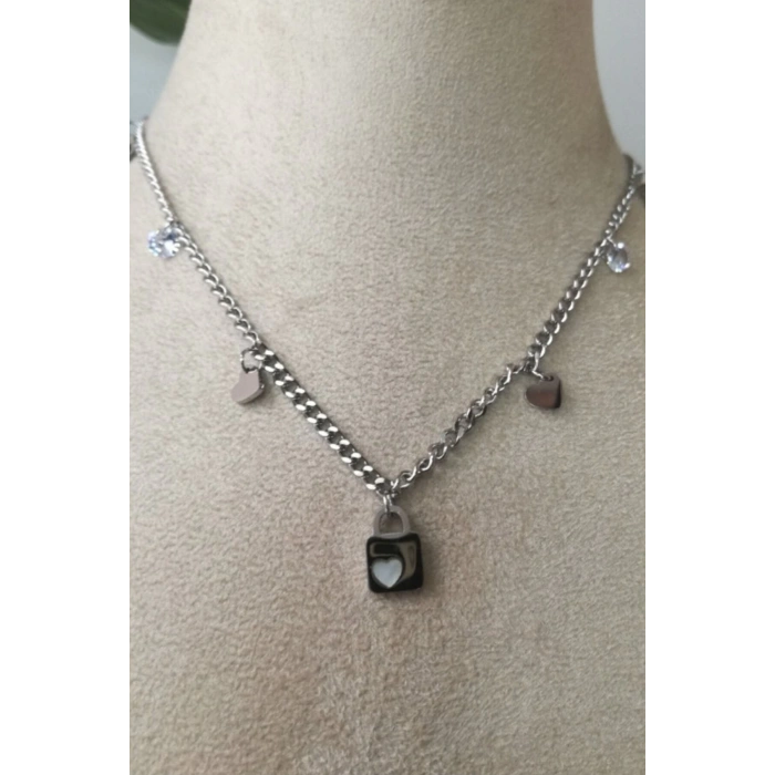 kilit kalpler tasarim kalin orme silver zincirli gumus renkli zirkon tasli kaliteli paslanmaz celik kolye stainless stell