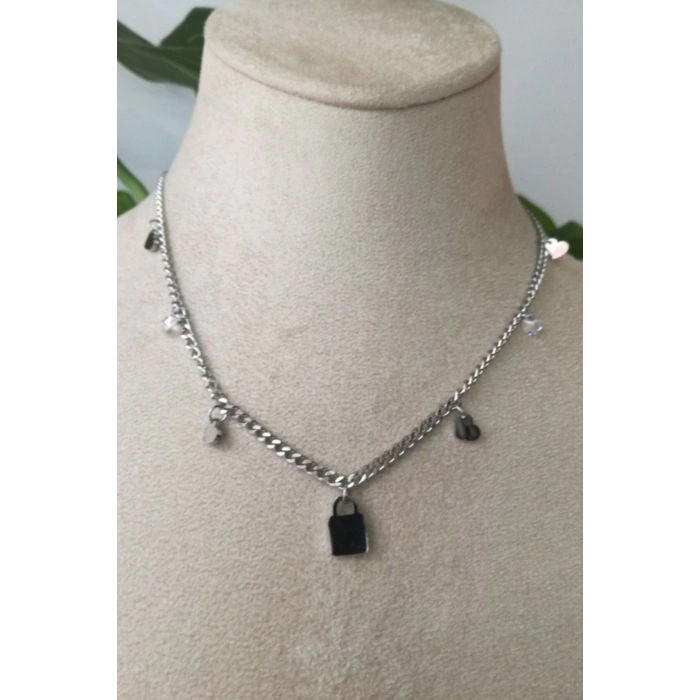 kilit kalpler tasarim kalin orme silver zincirli gumus renkli zirkon tasli kaliteli paslanmaz celik kolye stainless stell