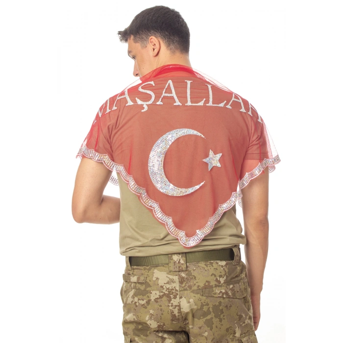 Kirmizi Beyaz Ayyildiz Masallah Yazılı Pul islemeli Asker Ugurlama Sali