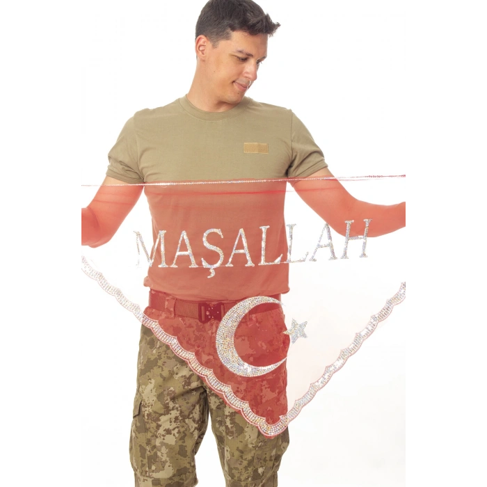 Kirmizi Beyaz Ayyildiz Masallah Yazılı Pul islemeli Asker Ugurlama Sali