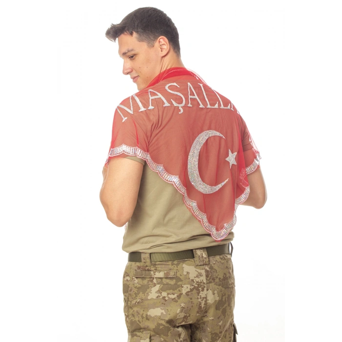 Kirmizi Beyaz Ayyildiz Masallah Yazılı Pul islemeli Asker Ugurlama Sali