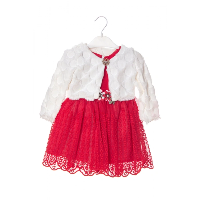 kirmizi beyaz renkli bolerolu yunlu tullu astarli pamuklu kaliteli uzun kollu kiz cocuk elbise