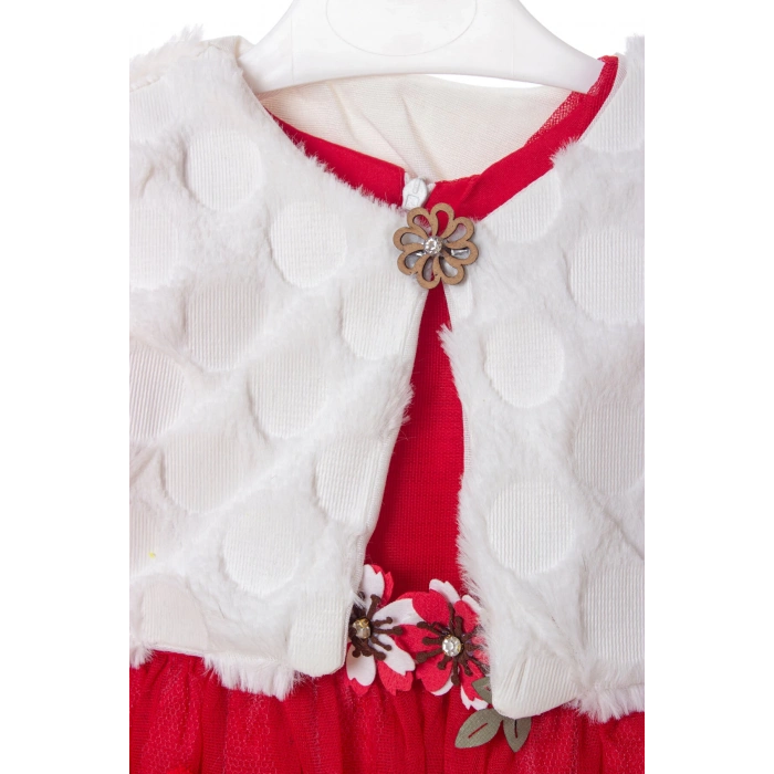 kirmizi beyaz renkli bolerolu yunlu tullu astarli pamuklu kaliteli uzun kollu kiz cocuk elbise