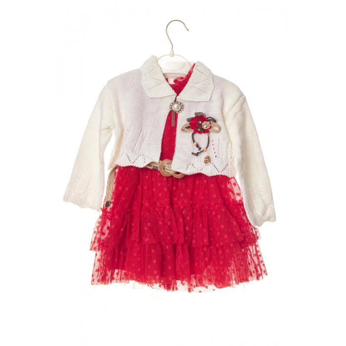 kirmizi beyaz renkli hasir kemerli cicek broslu bolerolu tullu astarli pamuklu kaliteli uzun kollu kiz cocuk elbise