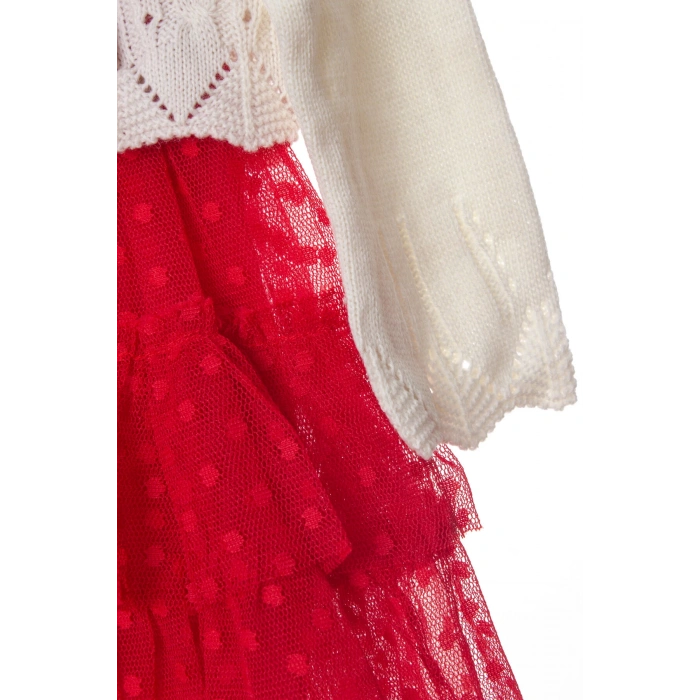 kirmizi beyaz renkli hasir kemerli cicek broslu bolerolu tullu astarli pamuklu kaliteli uzun kollu kiz cocuk elbise