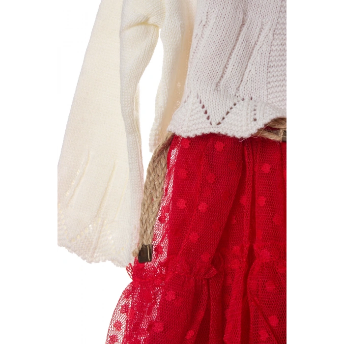 kirmizi beyaz renkli hasir kemerli cicek broslu bolerolu tullu astarli pamuklu kaliteli uzun kollu kiz cocuk elbise