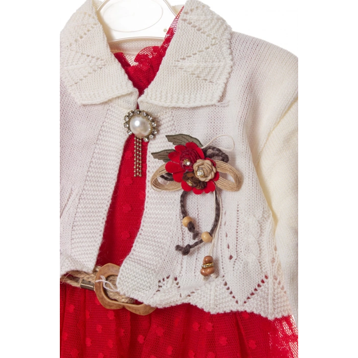 kirmizi beyaz renkli hasir kemerli cicek broslu bolerolu tullu astarli pamuklu kaliteli uzun kollu kiz cocuk elbise