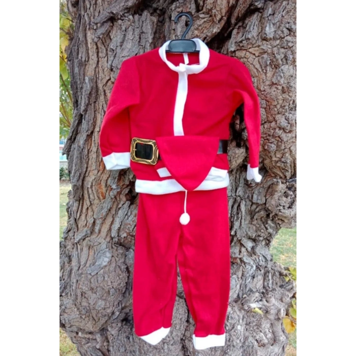 kirmizi renkli bereli kemerli kaliteli uzun kollu noel baba detayli unisex kostum