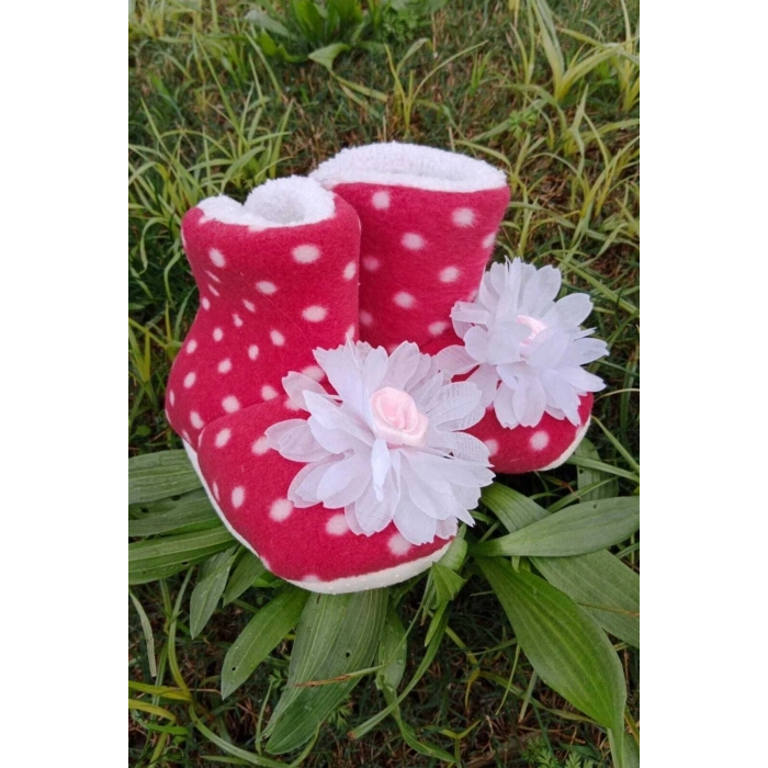 kirmizi renkli cicekli pembe gul modeli ici pamuklu organik hafif taban ortopedik cocuk bebek ilkadim patik panduf