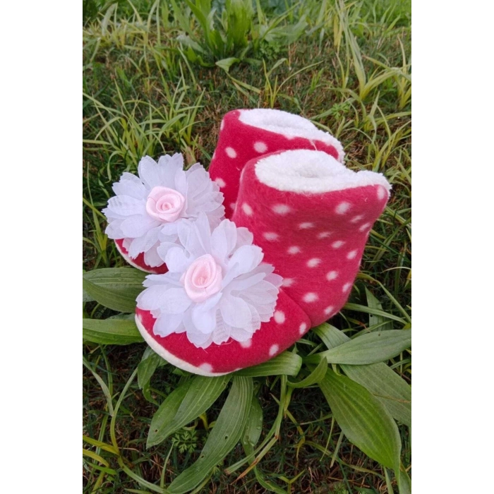 kirmizi renkli cicekli pembe gul modeli ici pamuklu organik hafif taban ortopedik cocuk bebek ilkadim patik panduf