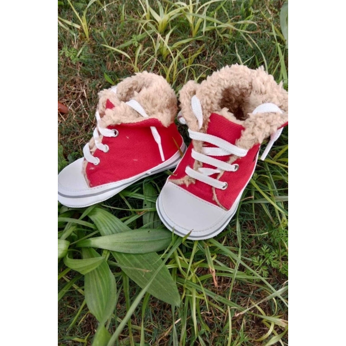 kirmizi renkli converse model ici polarli organik unisex cocuk bebek ilkadim bagcikli patik sneaker casual ayakkabi