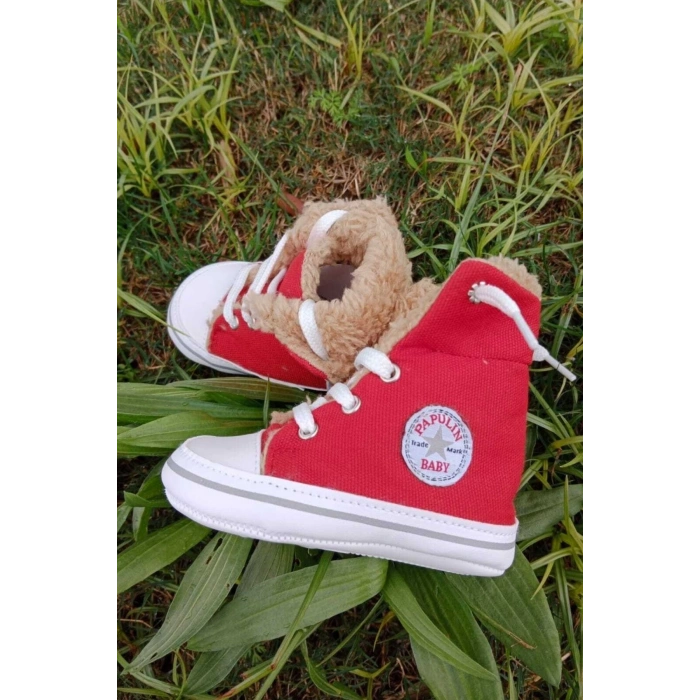 kirmizi renkli converse model ici polarli organik unisex cocuk bebek ilkadim bagcikli patik sneaker casual ayakkabi