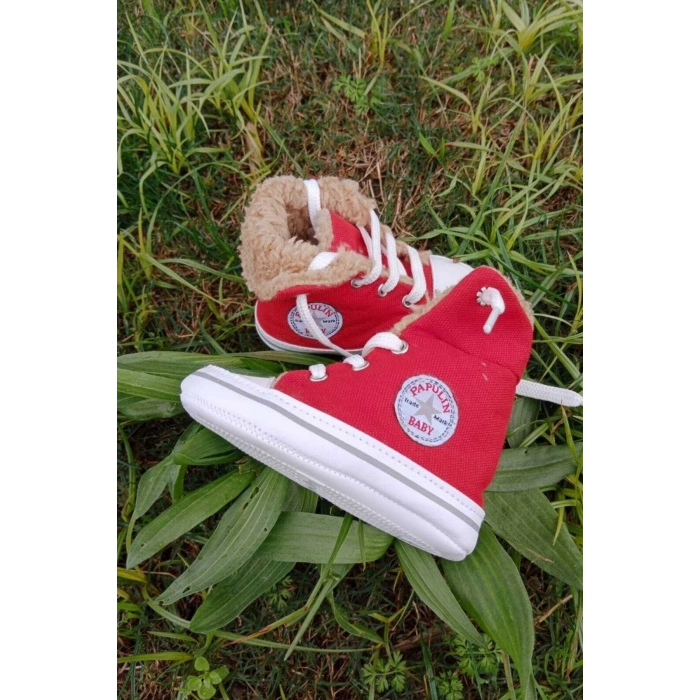 kirmizi renkli converse model ici polarli organik unisex cocuk bebek ilkadim bagcikli patik sneaker casual ayakkabi