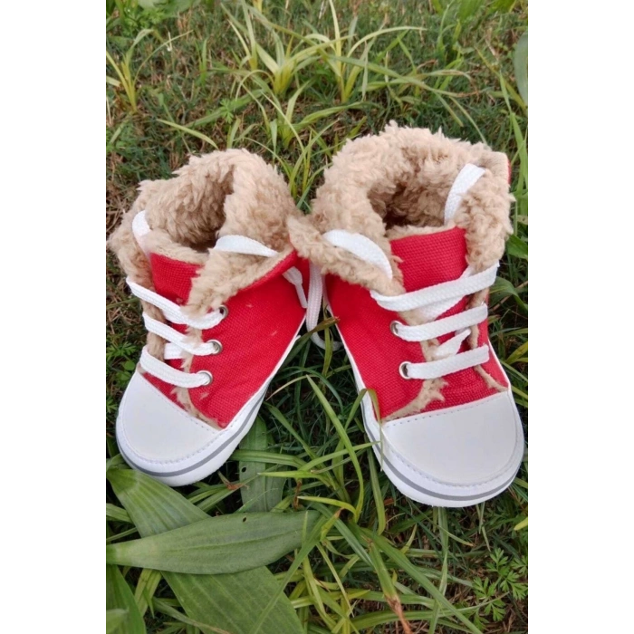 kirmizi renkli converse model ici polarli organik unisex cocuk bebek ilkadim bagcikli patik sneaker casual ayakkabi