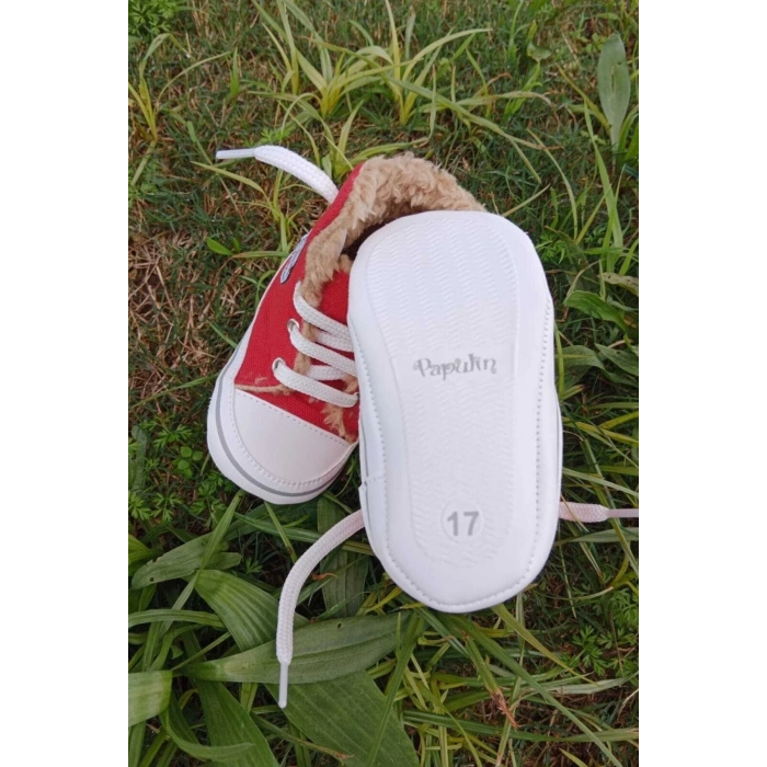 kirmizi renkli converse model ici polarli organik unisex cocuk bebek ilkadim bagcikli patik sneaker casual ayakkabi