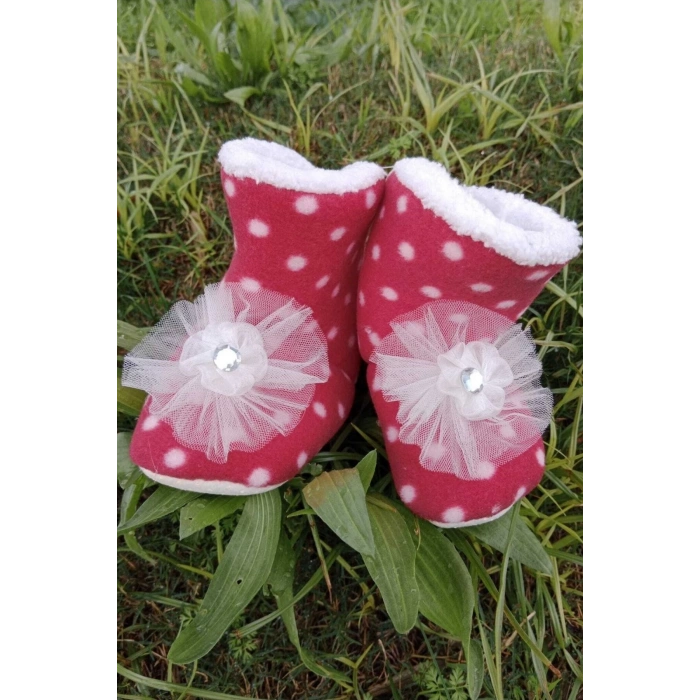 kirmizi renkli dantelli beyaz tasli cicekli model ici pamuklu organik hafif taban ortopedik cocuk bebek ilkadim patik panduf