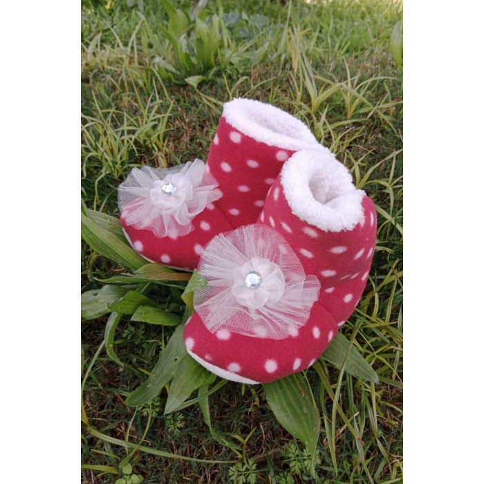 kirmizi renkli dantelli beyaz tasli cicekli model ici pamuklu organik hafif taban ortopedik cocuk bebek ilkadim patik panduf