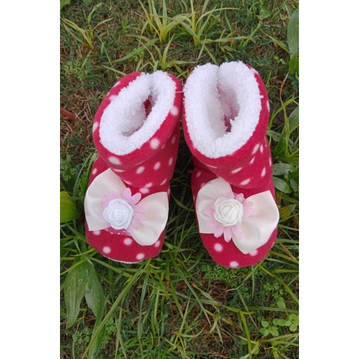 kirmizi renkli fiyonklu beyaz gullu model ici pamuklu organik hafif taban ortopedik cocuk bebek ilkadim patik panduf