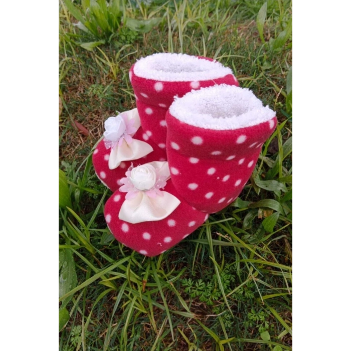 kirmizi renkli fiyonklu beyaz gullu model ici pamuklu organik hafif taban ortopedik cocuk bebek ilkadim patik panduf