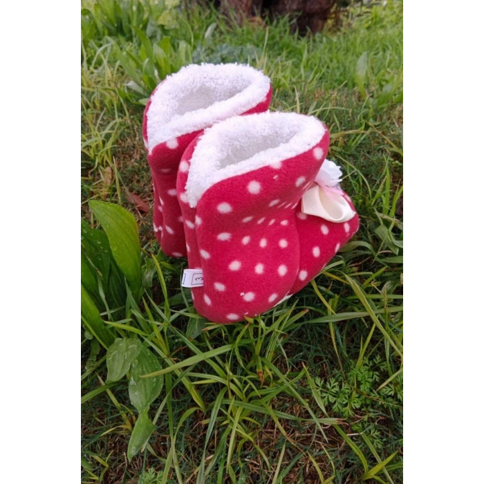 kirmizi renkli fiyonklu beyaz gullu model ici pamuklu organik hafif taban ortopedik cocuk bebek ilkadim patik panduf