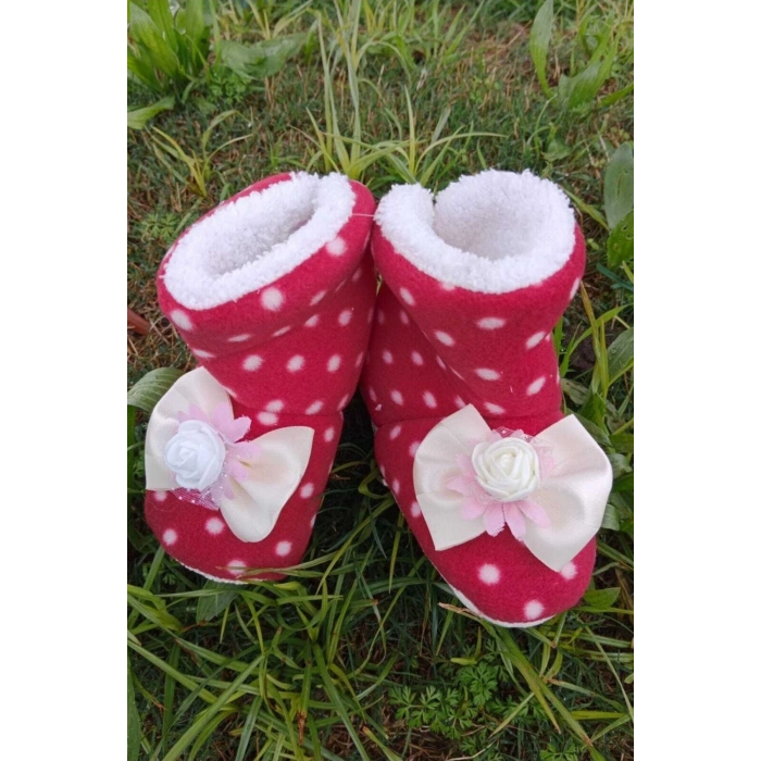kirmizi renkli fiyonklu beyaz gullu model ici pamuklu organik hafif taban ortopedik cocuk bebek ilkadim patik panduf