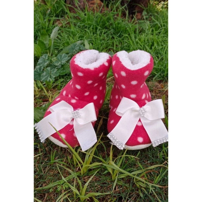 kirmizi renkli fiyonklu beyaz tasli model ici pamuklu organik hafif taban ortopedik cocuk bebek ilkadim patik panduf