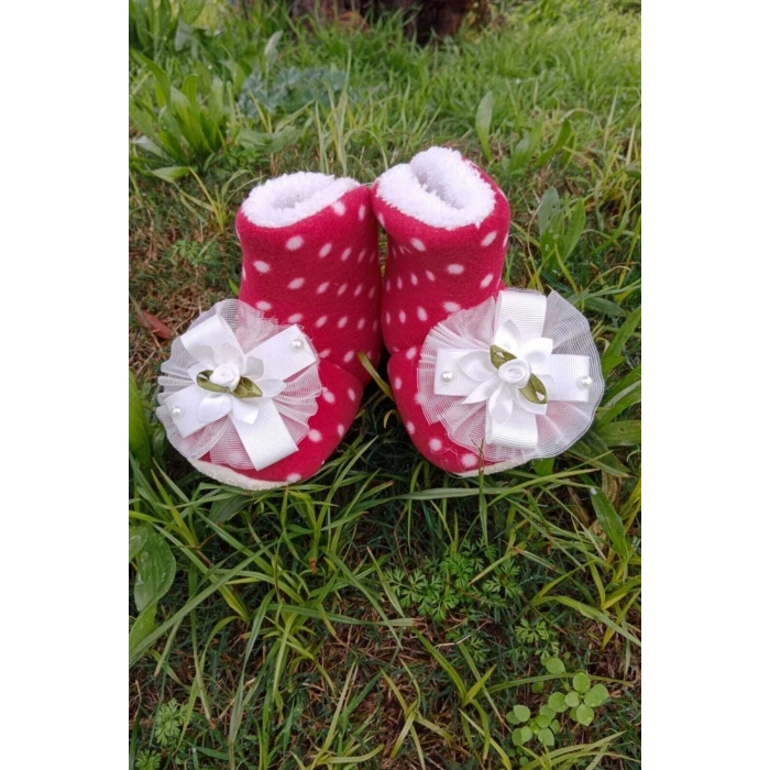 kirmizi renkli fiyonklu cicekli beyaz gul modeli dantelli ici pamuklu organik hafif taban ortopedik cocuk bebek ilkadim patik panduf