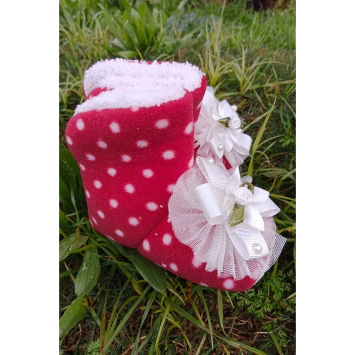 kirmizi renkli fiyonklu cicekli beyaz gul modeli dantelli ici pamuklu organik hafif taban ortopedik cocuk bebek ilkadim patik panduf