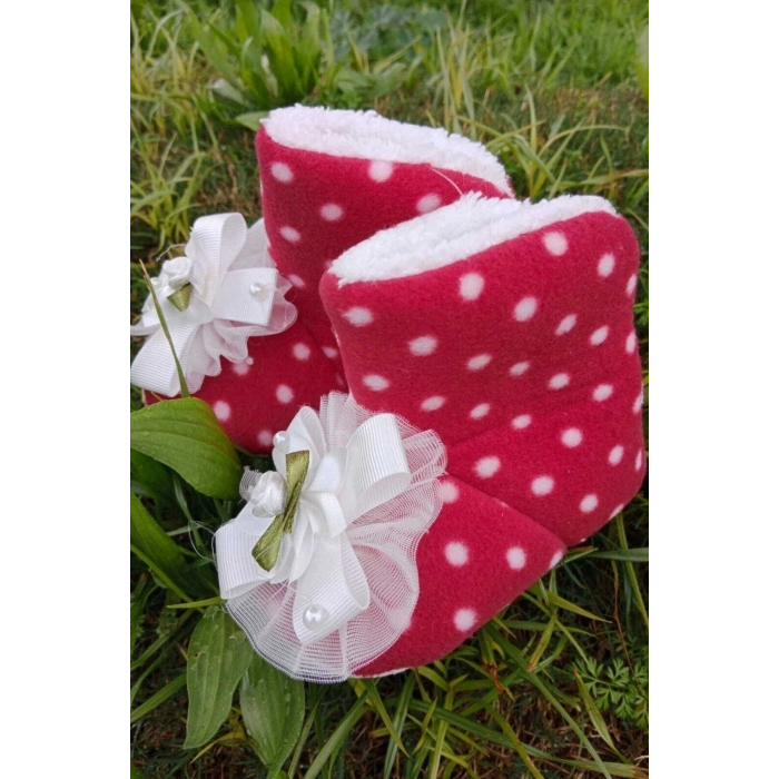 kirmizi renkli fiyonklu cicekli beyaz gul modeli dantelli ici pamuklu organik hafif taban ortopedik cocuk bebek ilkadim patik panduf