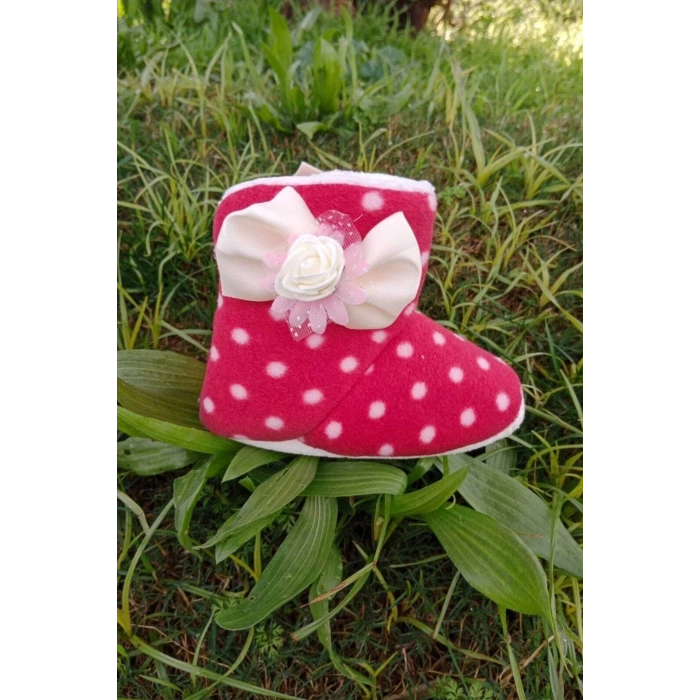 kirmizi renkli fiyonklu cicekli beyaz gul modeli ici pamuklu organik hafif taban ortopedik cocuk bebek ilkadim patik panduf