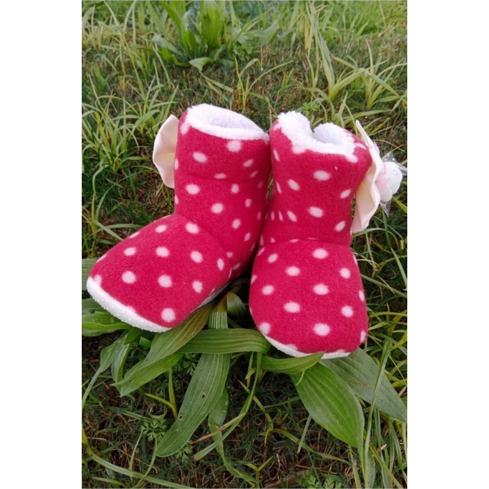 kirmizi renkli fiyonklu cicekli beyaz gul modeli ici pamuklu organik hafif taban ortopedik cocuk bebek ilkadim patik panduf