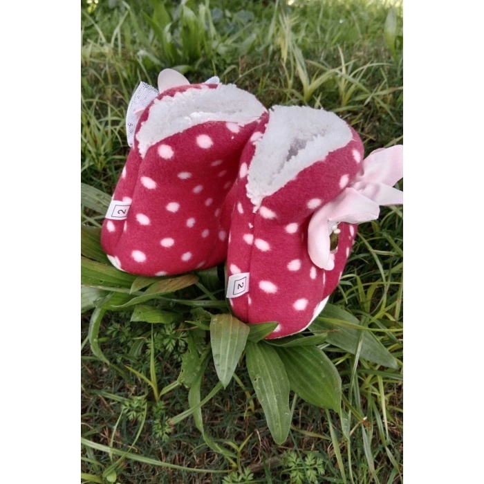 kirmizi renkli fiyonklu cicekli pembe gul modeli ici pamuklu organik hafif taban ortopedik cocuk bebek ilkadim patik panduf