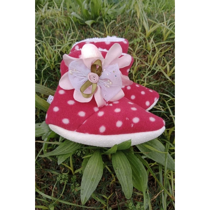 kirmizi renkli fiyonklu cicekli pembe gul modeli ici pamuklu organik hafif taban ortopedik cocuk bebek ilkadim patik panduf