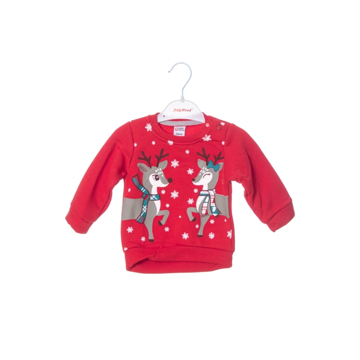 kirmizi renkli geyikli baskili nakisli pamuklu uzun kollu alt ust cocuk takim