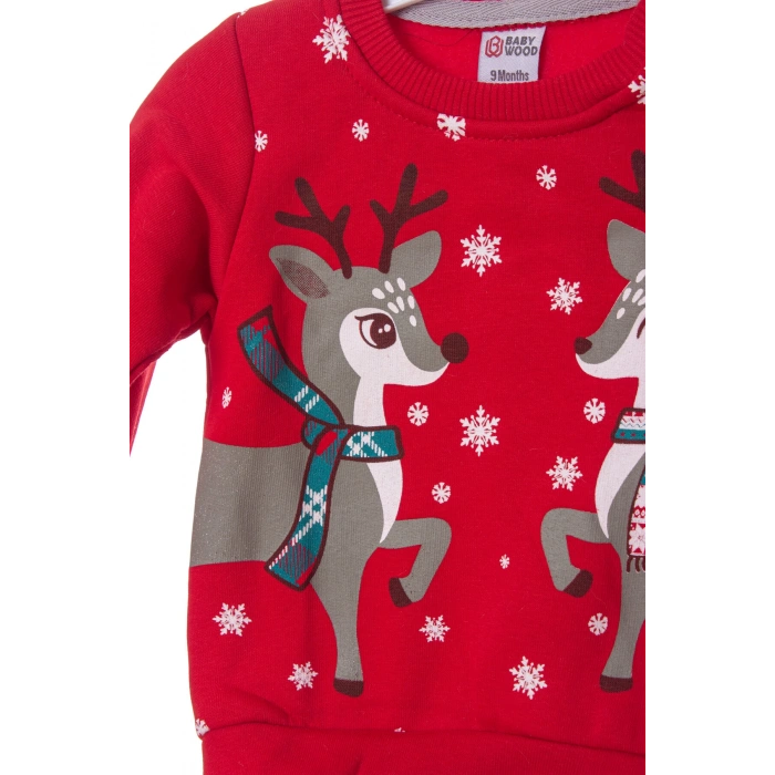 kirmizi renkli geyikli baskili nakisli pamuklu uzun kollu alt ust cocuk takim