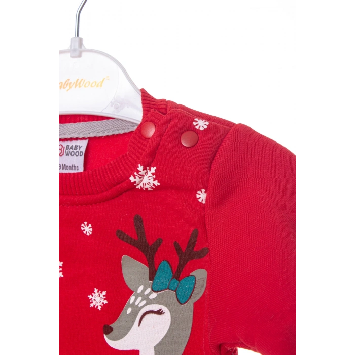 kirmizi renkli geyikli baskili nakisli pamuklu uzun kollu alt ust cocuk takim