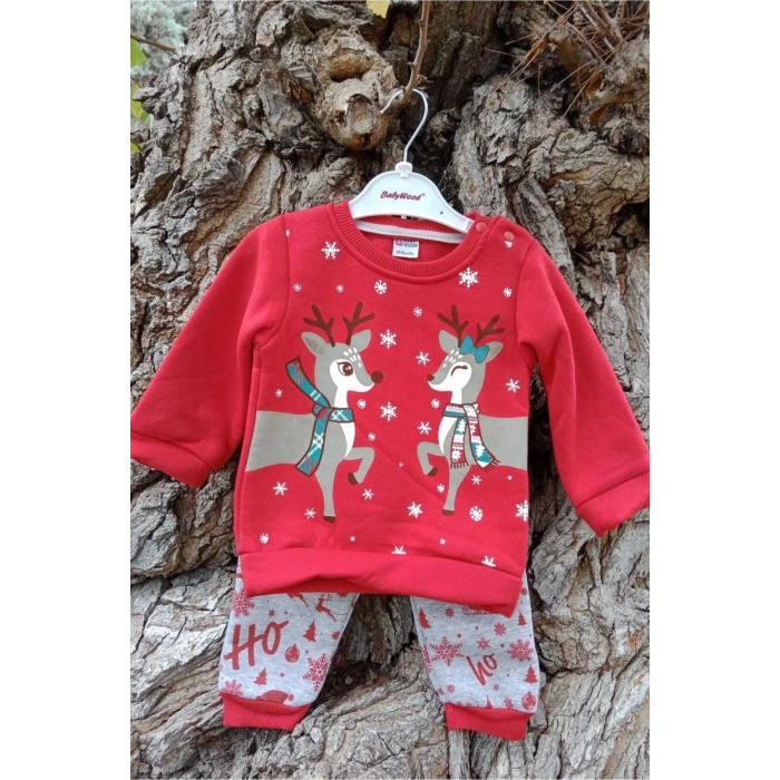 kirmizi renkli geyikli baskili nakisli pamuklu uzun kollu alt ust cocuk takim