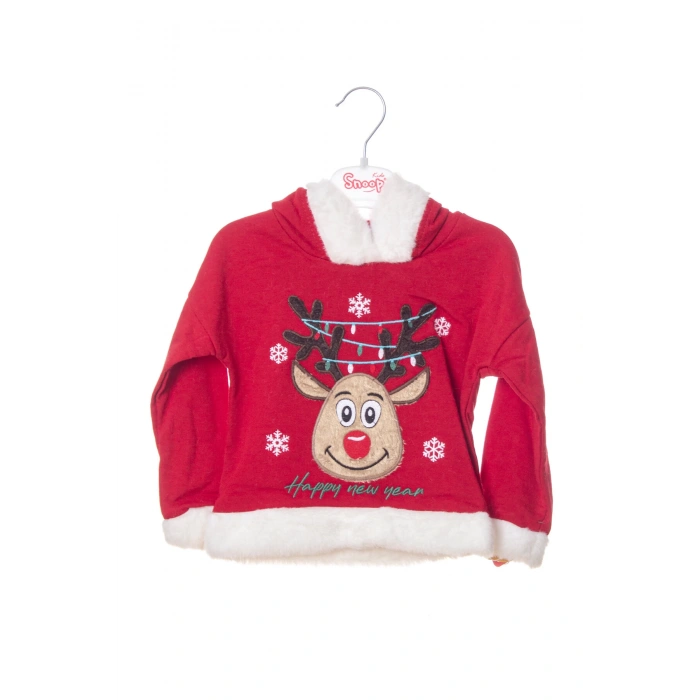 kirmizi renkli happy new year baskili nakisli kapusonlu pamuklu uzun kollu alt ust cocuk takim